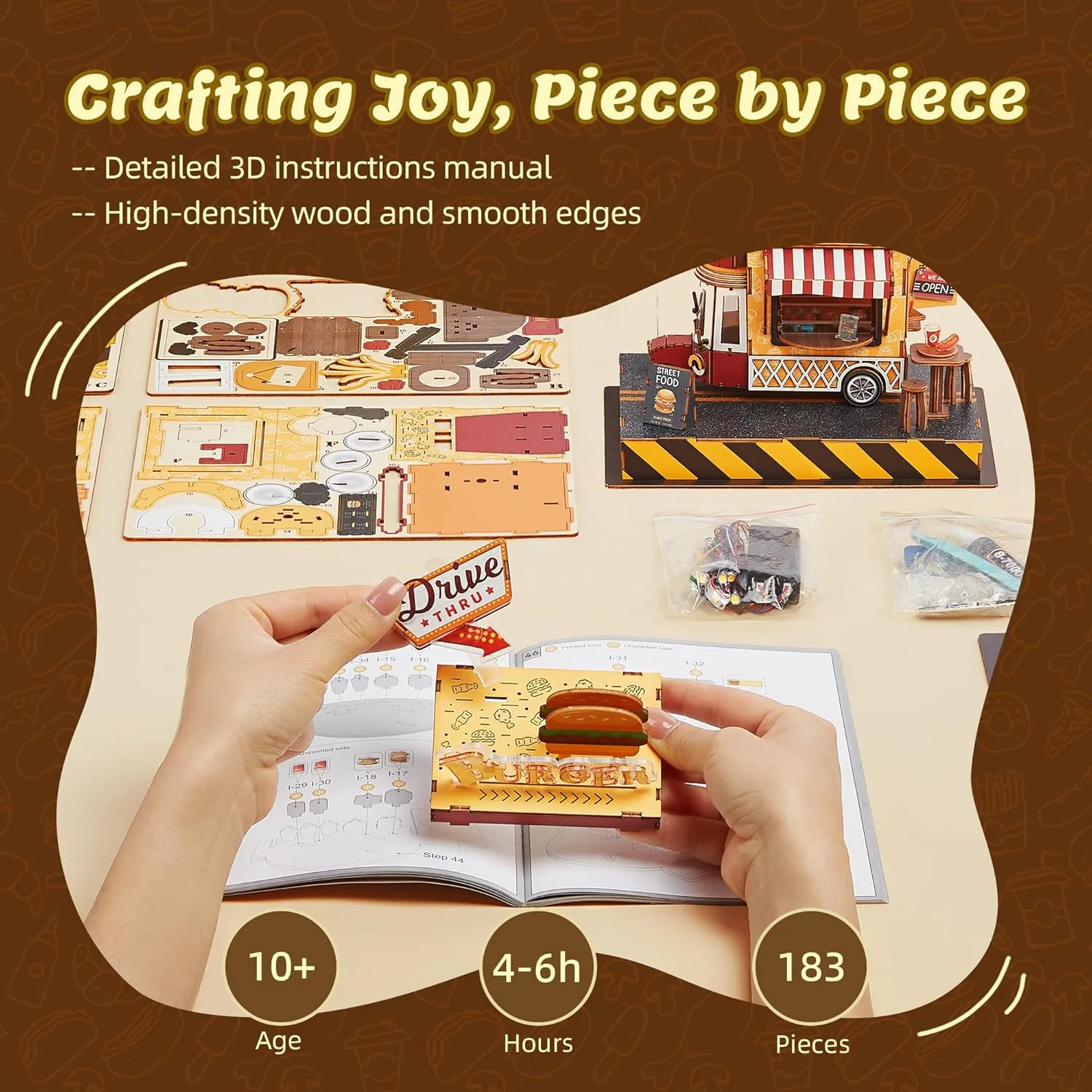 3D Wood Puzzle Burger Truck Model - DIY Miniature Food Truck Dollhouse Vehicle Craft Kit with LED Lights - Perfect Creative Gift for Kids and Adults(Burger Truck)