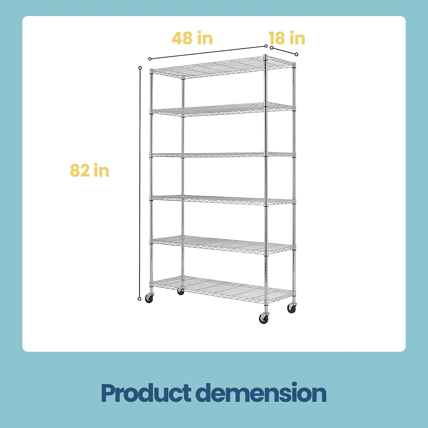48" D×18" W×82" H Wire Shelving Unit Metal Shelf with 6 Tier Casters Adjustable Layer Rack Strong Steel for Commercial Restaurant Garage Pantry Kitchen Garage，Chrome