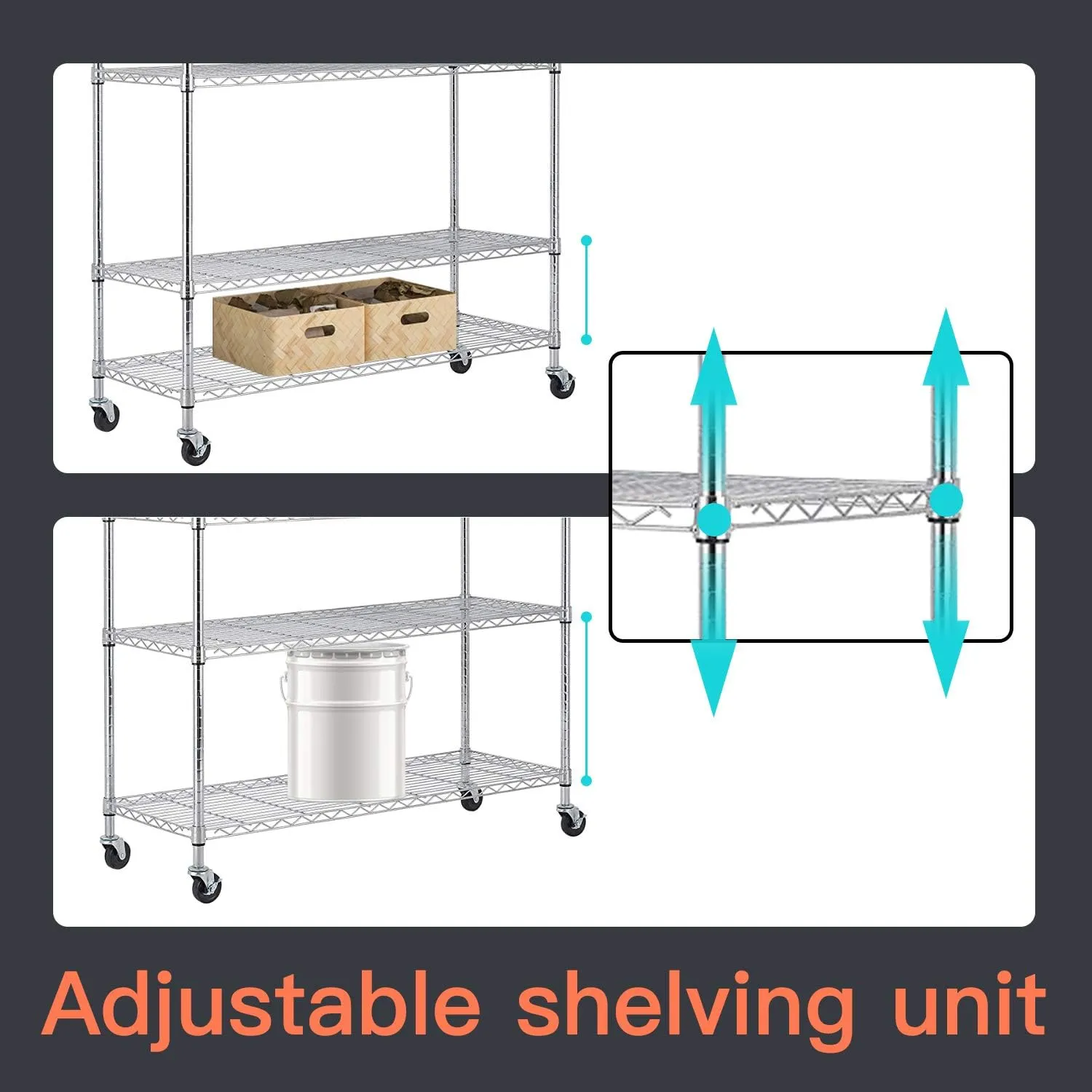 48" D×18" W×82" H Wire Shelving Unit Metal Shelf with 6 Tier Casters Adjustable Layer Rack Strong Steel for Commercial Restaurant Garage Pantry Kitchen Garage，Chrome