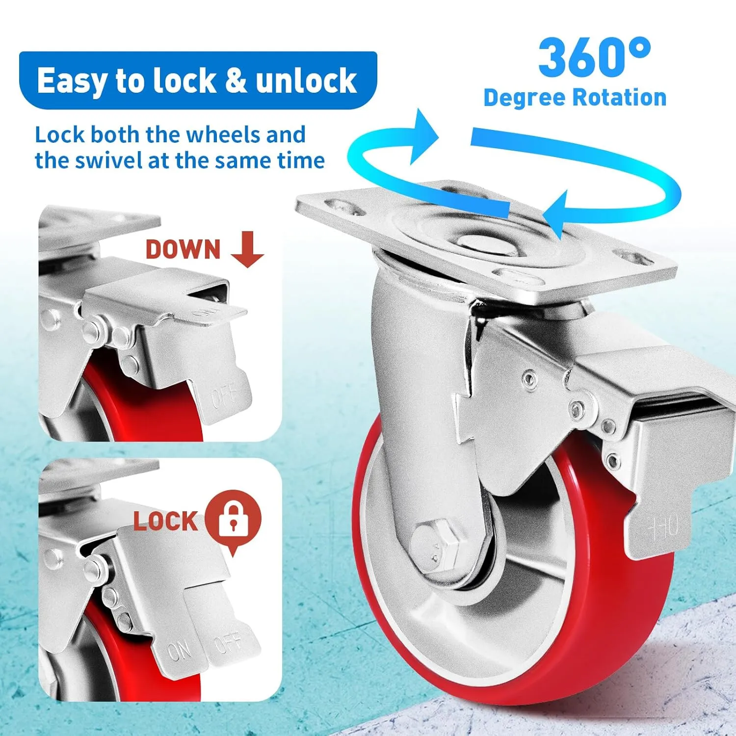 5 Inch Heavy Duty Casters, Set of 4 Wheels (2 Rigid & 2 Swivel with Brakes), Polyurethane Material on A Cast Iron Core, 4,000 Lbs Total Load Capacity, Ideal Industrial Grade Casters
