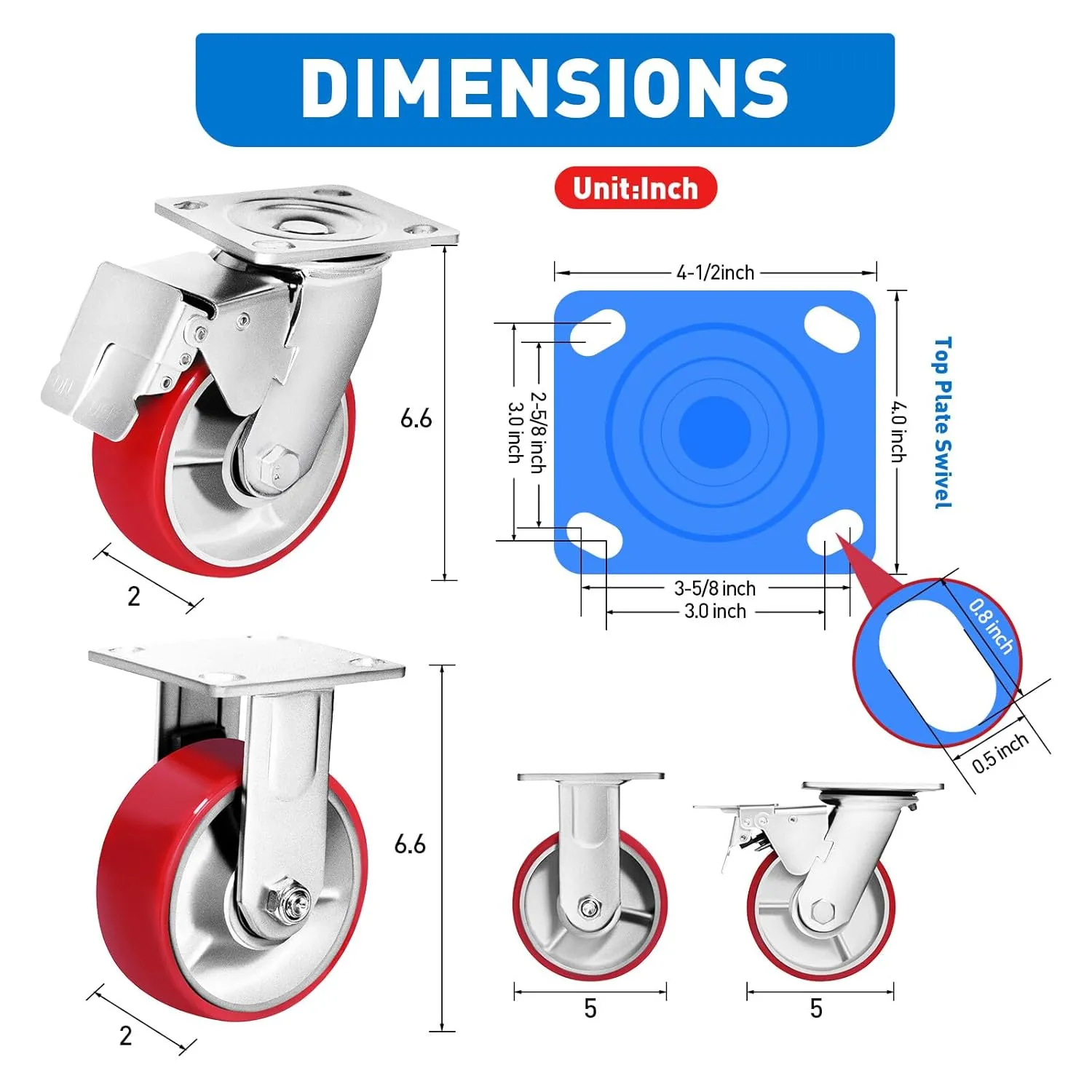 5 Inch Heavy Duty Casters, Set of 4 Wheels (2 Rigid & 2 Swivel with Brakes), Polyurethane Material on A Cast Iron Core, 4,000 Lbs Total Load Capacity, Ideal Industrial Grade Casters