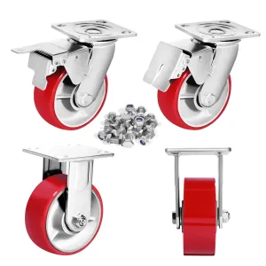 5 Inch Heavy Duty Casters, Set of 4 Wheels (2 Rigid & 2 Swivel with Brakes), Polyurethane Material on A Cast Iron Core, 4,000 Lbs Total Load Capacity, Ideal Industrial Grade Casters