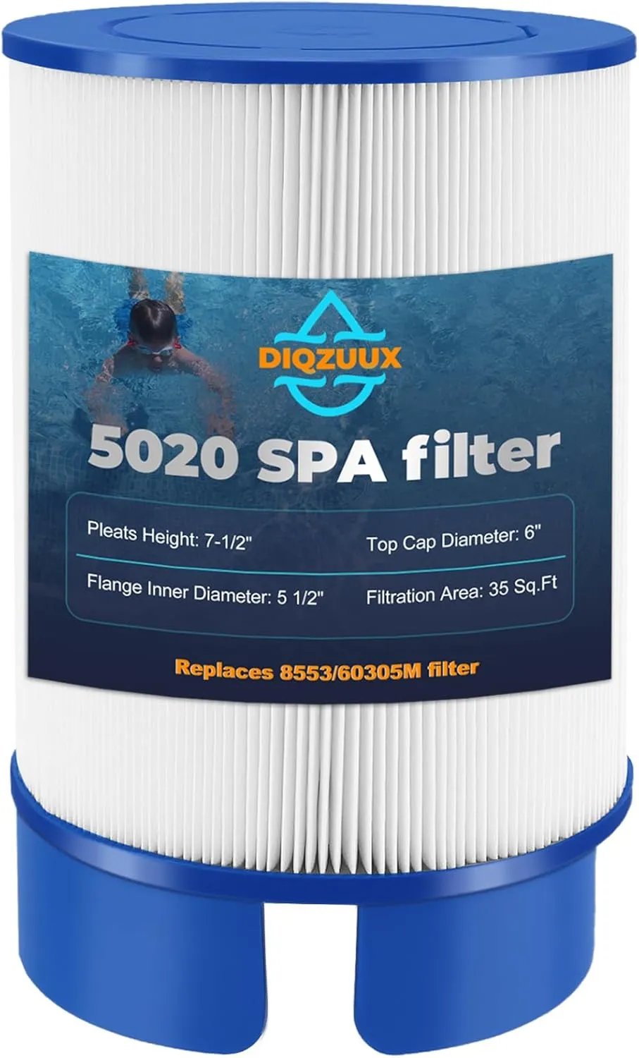 5020 Spa Filter Compatible with softub Spas (July 2009  Models), Fits Portico, T-140, T-220, T-300 with 5 1/2" Drain Caps, Replaces 60305M, CP-5020, 5020CA, 8553, 35 Sq. Ft Cartridge