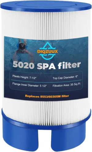 5020 Spa Filter Compatible with softub Spas (July 2009  Models), Fits Portico, T-140, T-220, T-300 with 5 1/2" Drain Caps, Replaces 60305M, CP-5020, 5020CA, 8553, 35 Sq. Ft Cartridge