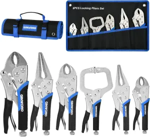 6-Piece Locking Pliers Set, Vice Grips Tool Set with Rolling Pouch, 6-1/2"& 9-1/2"Needle Nose Vise and 5"&7"&10" Curved Jaw Vise Grip and 6" C-clamp Locking Pliers