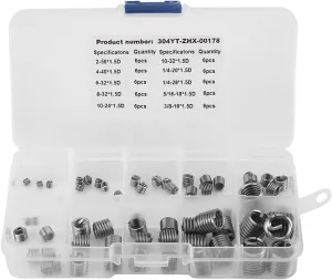60pcs Thread Insert Kit Helicoil Set Sae And Metric 304 Stainless Steel Wire Screw Sleeve Thread Repair Insert Assortment Kit Wire Thread Inserts Sae with Box