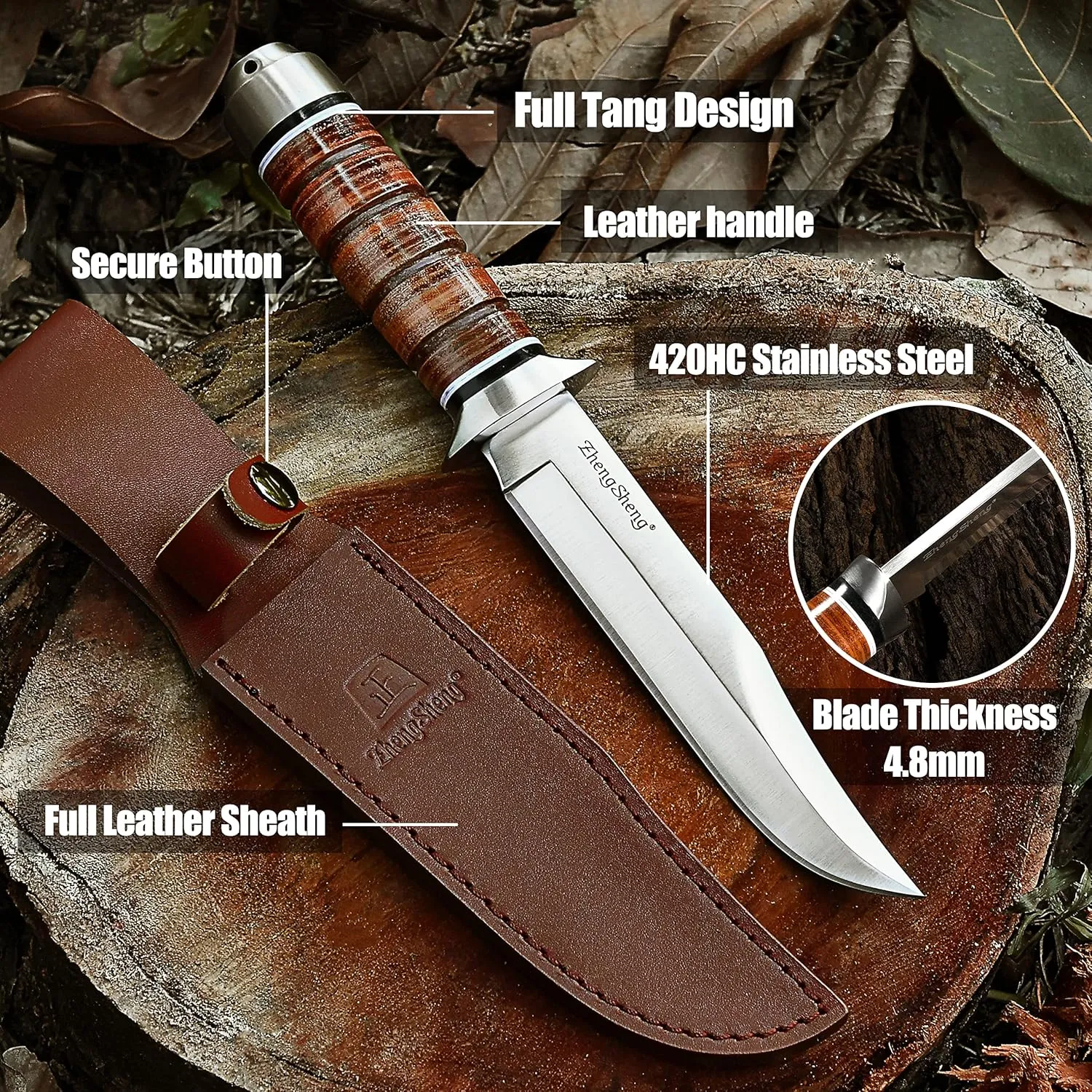 6.4" Fixed Blade Hunting Knife- Genuine Leather Handle Bowie Knives with Sheath Straight Edge for Camping, Hiking, Survival