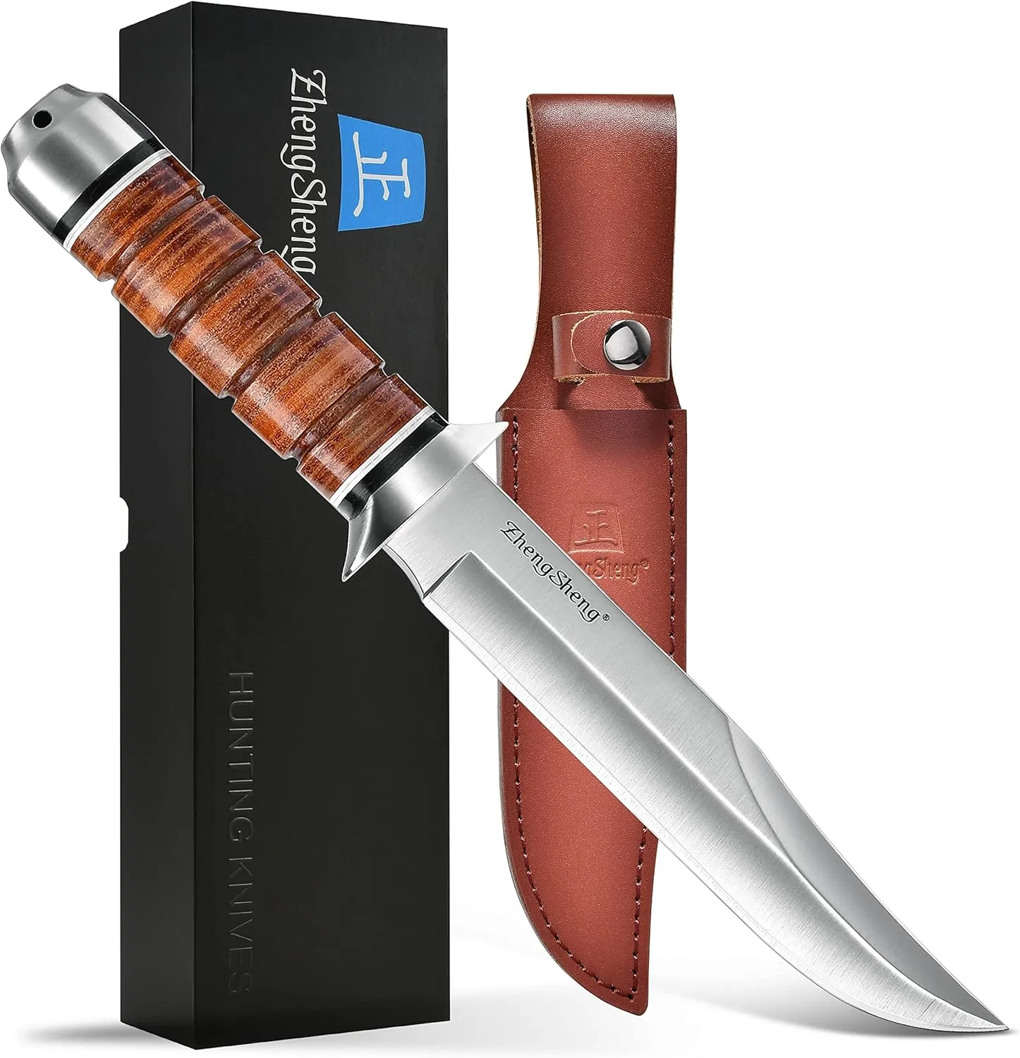 6.4" Fixed Blade Hunting Knife- Genuine Leather Handle Bowie Knives with Sheath Straight Edge for Camping, Hiking, Survival