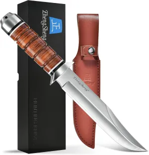 6.4" Fixed Blade Hunting Knife- Genuine Leather Handle Bowie Knives with Sheath Straight Edge for Camping, Hiking, Survival