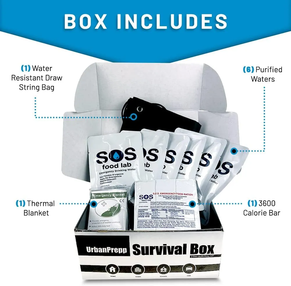 72 Hour Survival Box - 1 Person Emergency Food, Water, Thermal Blanket, Emergency Rations for Floods, Blackout, Earthquake, Car, Work, School