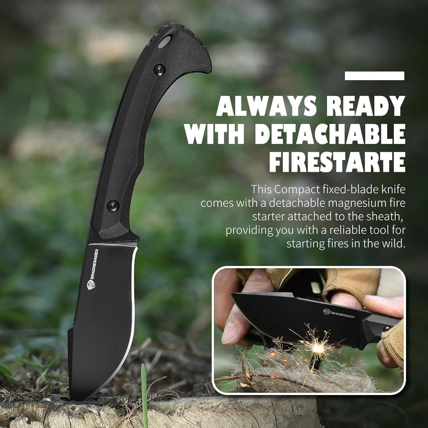 7.68" EDC Survival Knife with Fire Starter L-Y, Small EDC Full Tang Fixed Blade Knife with Sheath, Belt Clip, Full Black