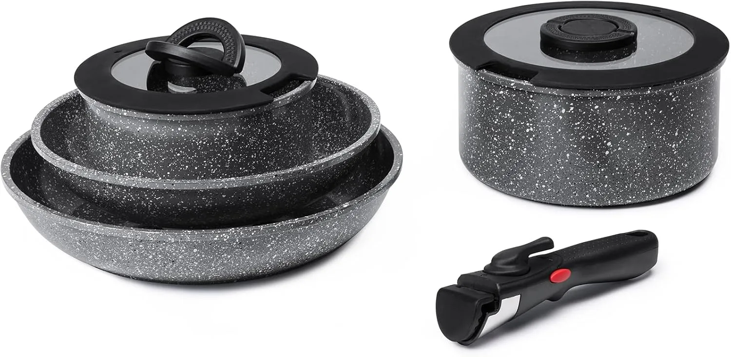 7pcs Pots and Pans Set Non Stick from France, Ceramic Cookware Set with Removable Handle, Induction RV Kitchen Cookware Set, Stackable, PFOA and PFAS Free, Oven Safe, Black Granite