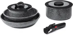 7pcs Pots and Pans Set Non Stick from France, Ceramic Cookware Set with Removable Handle, Induction RV Kitchen Cookware Set, Stackable, PFOA and PFAS Free, Oven Safe, Black Granite