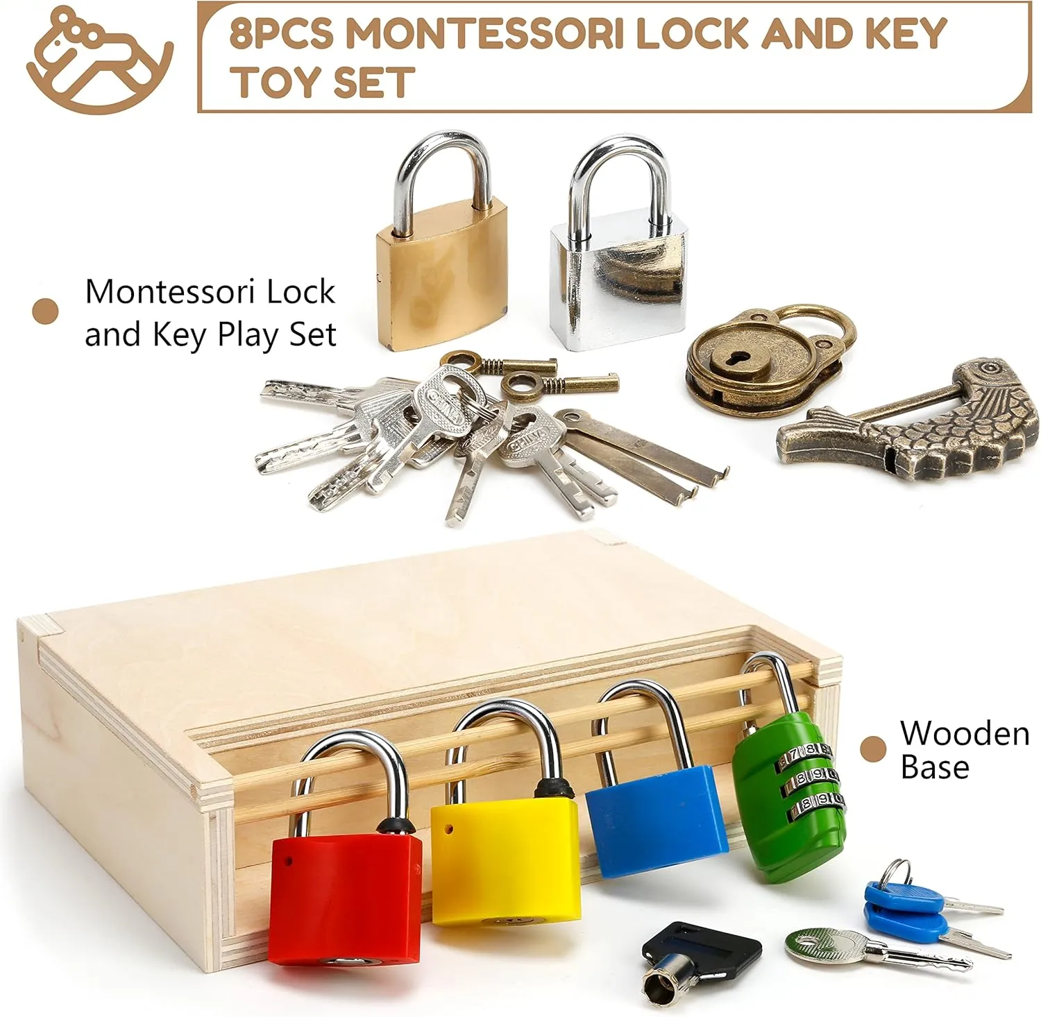 8 PCS Montessori Lock and Key Toy Set for Toddlers, Wooden Montessori Materials, Homeschool Preschool Keys and Locks Learning, Educational Birthday Toys for Boys Girls Kids 3  Year Old