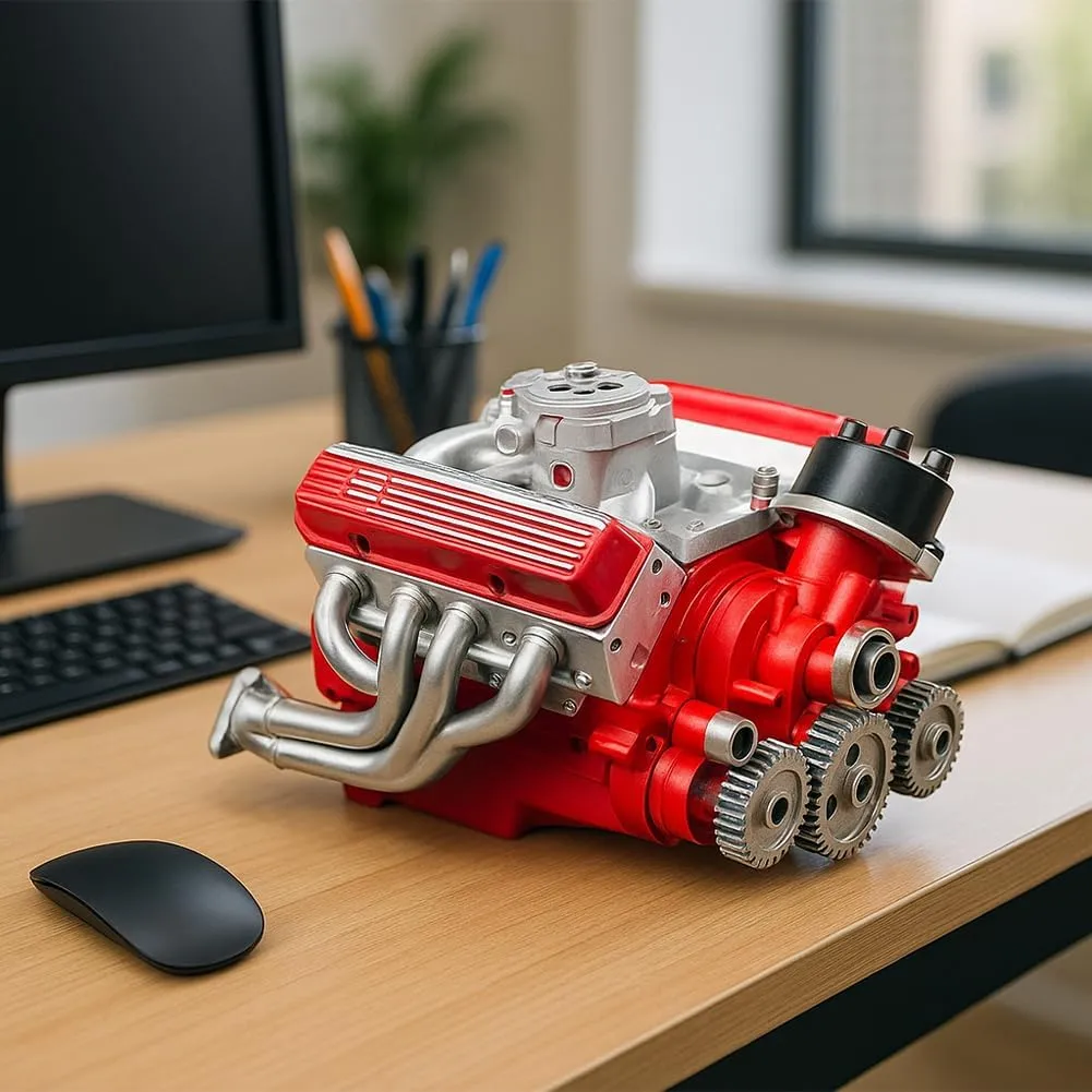 89%-Gasoline Ohv V8 Small-Block Engine Model Kits, Cison V8 Engine Kit Gasoline, Model Engine Kit for Adults, Mini V8 Engine Model Ornaments, Gifts for Mechanical Enthusiasts (Red)