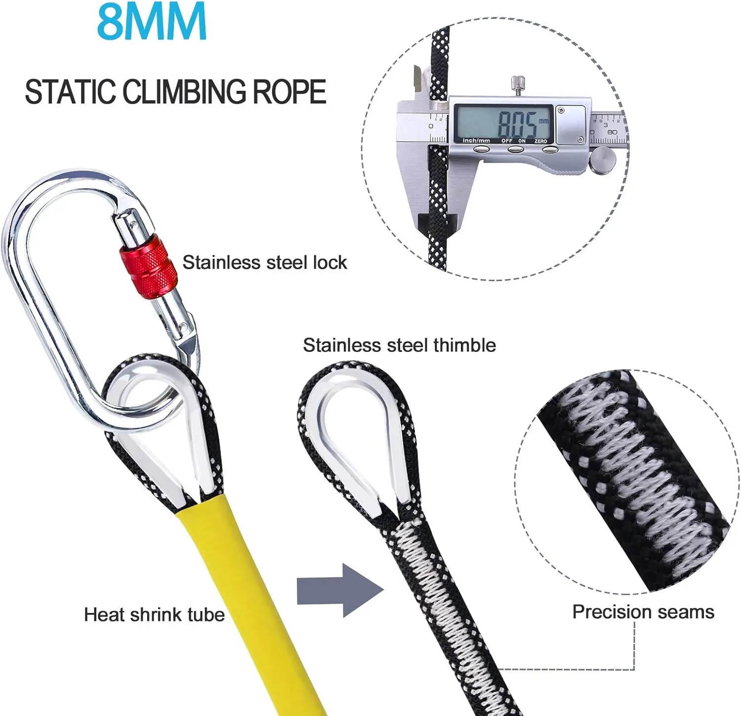 8MM Climbing Rope, 32ft/65ft/98ft/165ft/246ft High Strength Outdoor Safety Static Rock Climbing Rope, Escape Rope, Rappelling Rope, Fire Rescue Parachute Rope