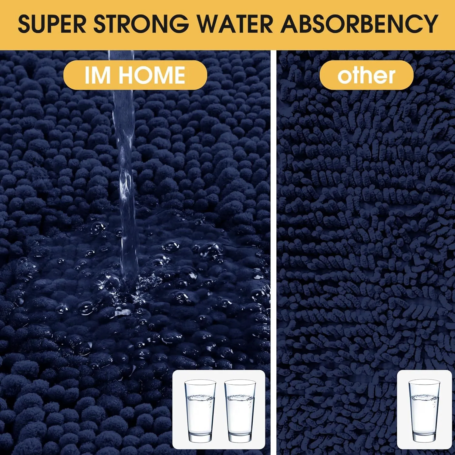 ACCUMTEK Upgrade Extra Large Navy Blue Bathroom Rug Set 3 Pieces Ultra Soft, Thick Absorbent Bath Mats, Non Slip Chenille Toilet Mat for Bathroom, Bedroom, Kitchen