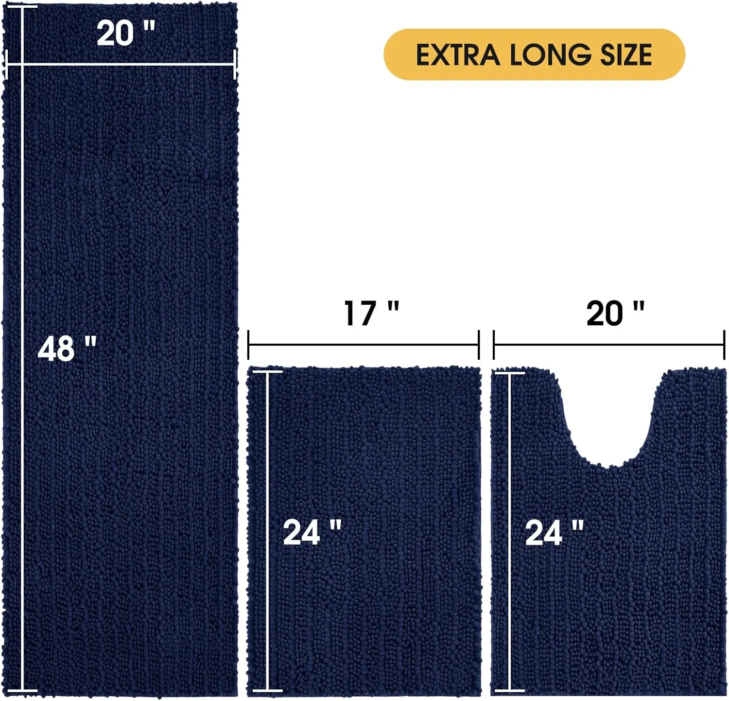 ACCUMTEK Upgrade Extra Large Navy Blue Bathroom Rug Set 3 Pieces Ultra Soft, Thick Absorbent Bath Mats, Non Slip Chenille Toilet Mat for Bathroom, Bedroom, Kitchen