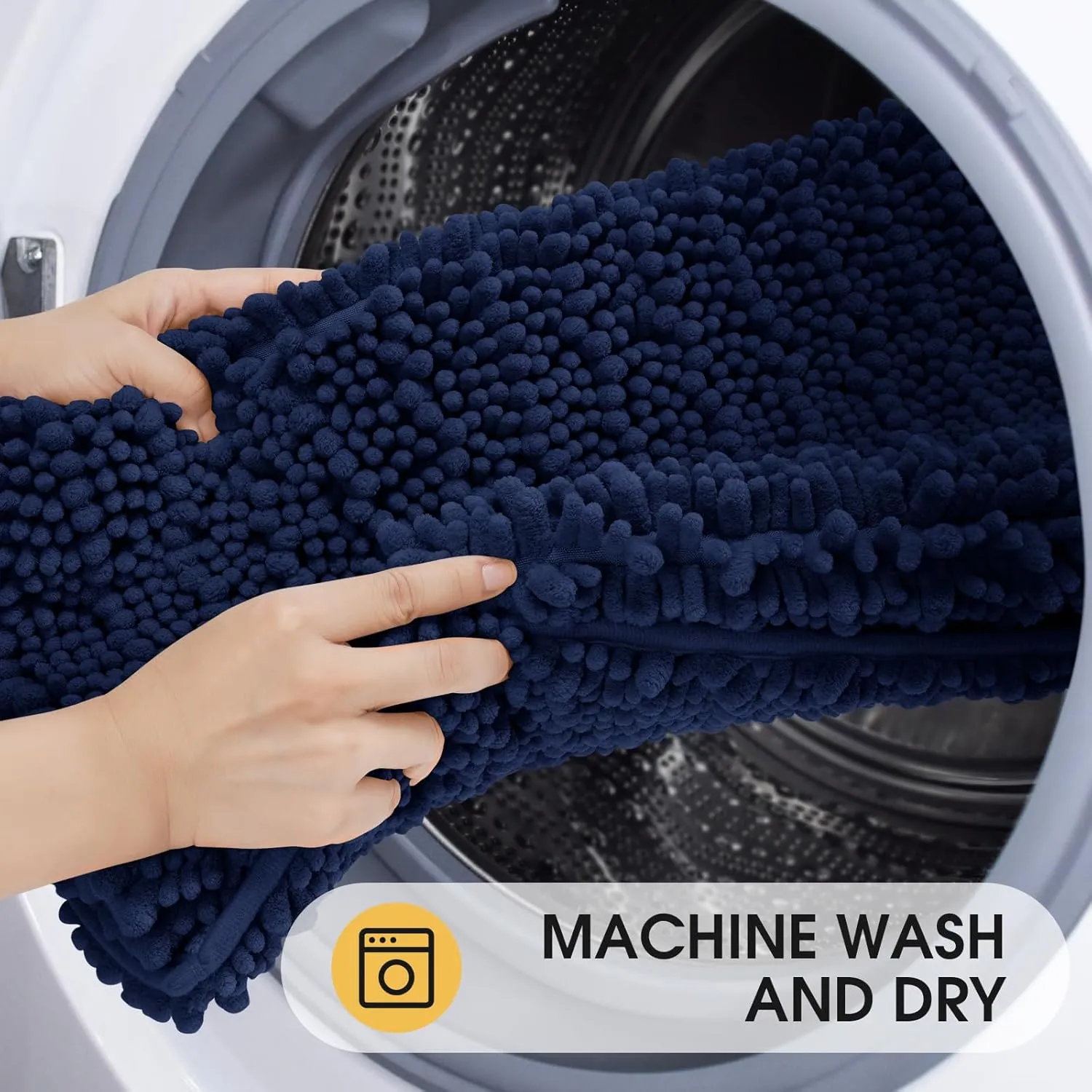 ACCUMTEK Upgrade Extra Large Navy Blue Bathroom Rug Set 3 Pieces Ultra Soft, Thick Absorbent Bath Mats, Non Slip Chenille Toilet Mat for Bathroom, Bedroom, Kitchen