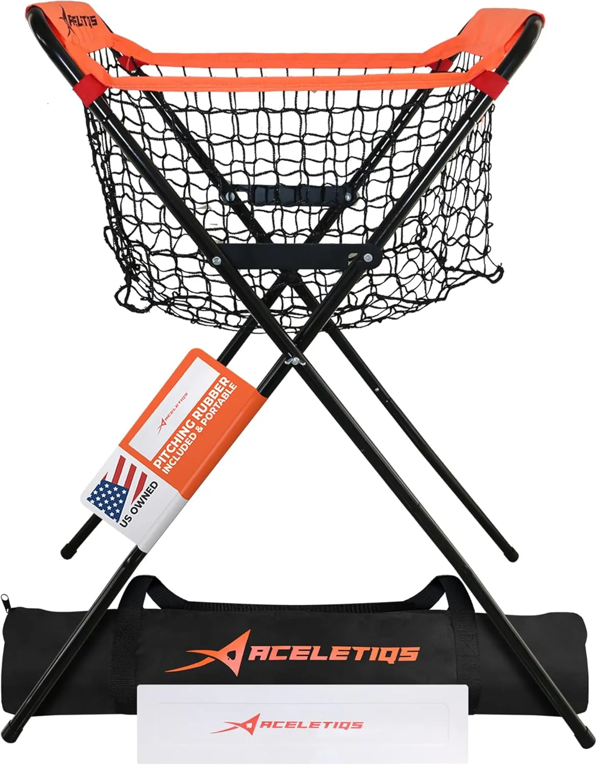ACELETIQS Baseball Softball Portable Batting Practice Ball Caddy, Use During Training and Drills, Save Your Back No More Bending, Holds up to 60 Baseballs, Instant Setup (4 Leg)