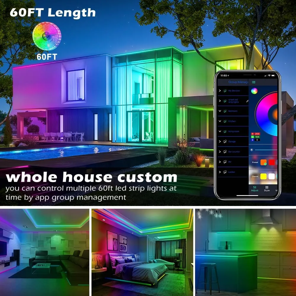 AILBTON Led Strip Lights,60ft Music Sync Color Changing, Built-in Mic,Bluetooth App Control LED Tape Lights with Remote,5050 RGB Rope Light Strips