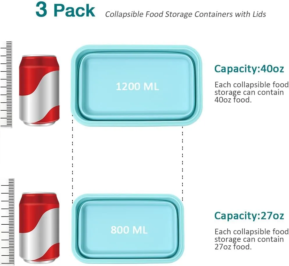 Alimat PluS Silicone Food Storage Containers with Lids, 3 Pack Set 40.5oz(1200ml) Collapsible Meal Prep Lunch Containers, Microwave, Freezer and Dishwasher Safe