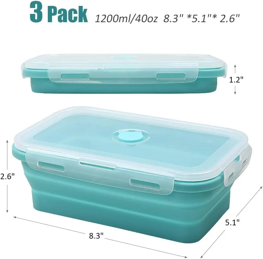 Alimat PluS Silicone Food Storage Containers with Lids, 3 Pack Set 40.5oz(1200ml) Collapsible Meal Prep Lunch Containers, Microwave, Freezer and Dishwasher Safe