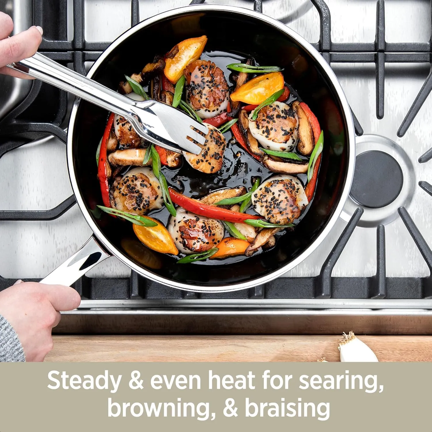All-Clad FusionTec Ceramic Universal Pan 4.5 Quart Induction Oven Broiler Safe 500F Pots and Pans, Cookware Platinum