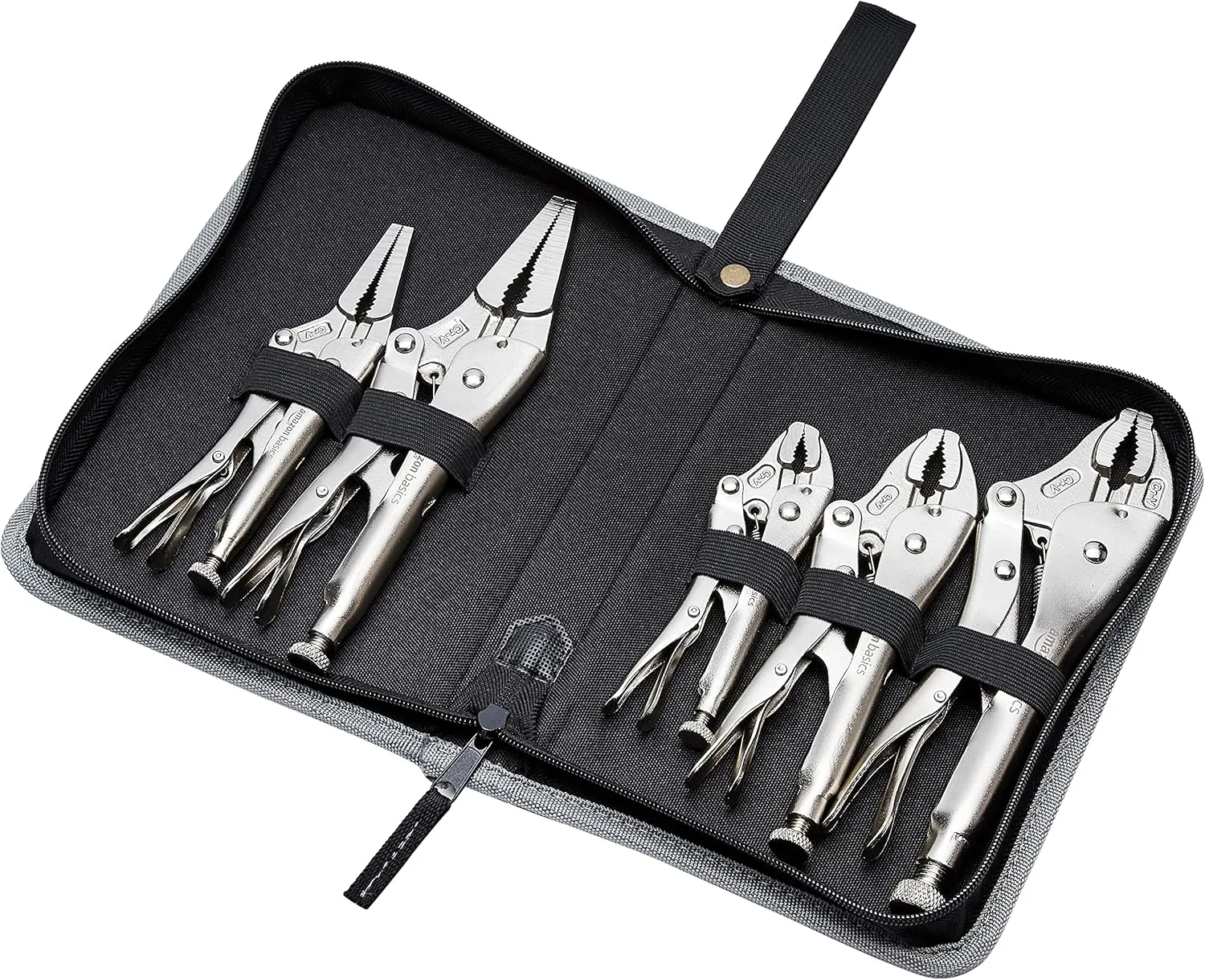 Amazon Basics 5-Piece CR-V Locking Pliers and Wire Cutters Set with Carrying Case, 2 Straight, 3 Curved Jaw, 6.5-10 inch, Silver