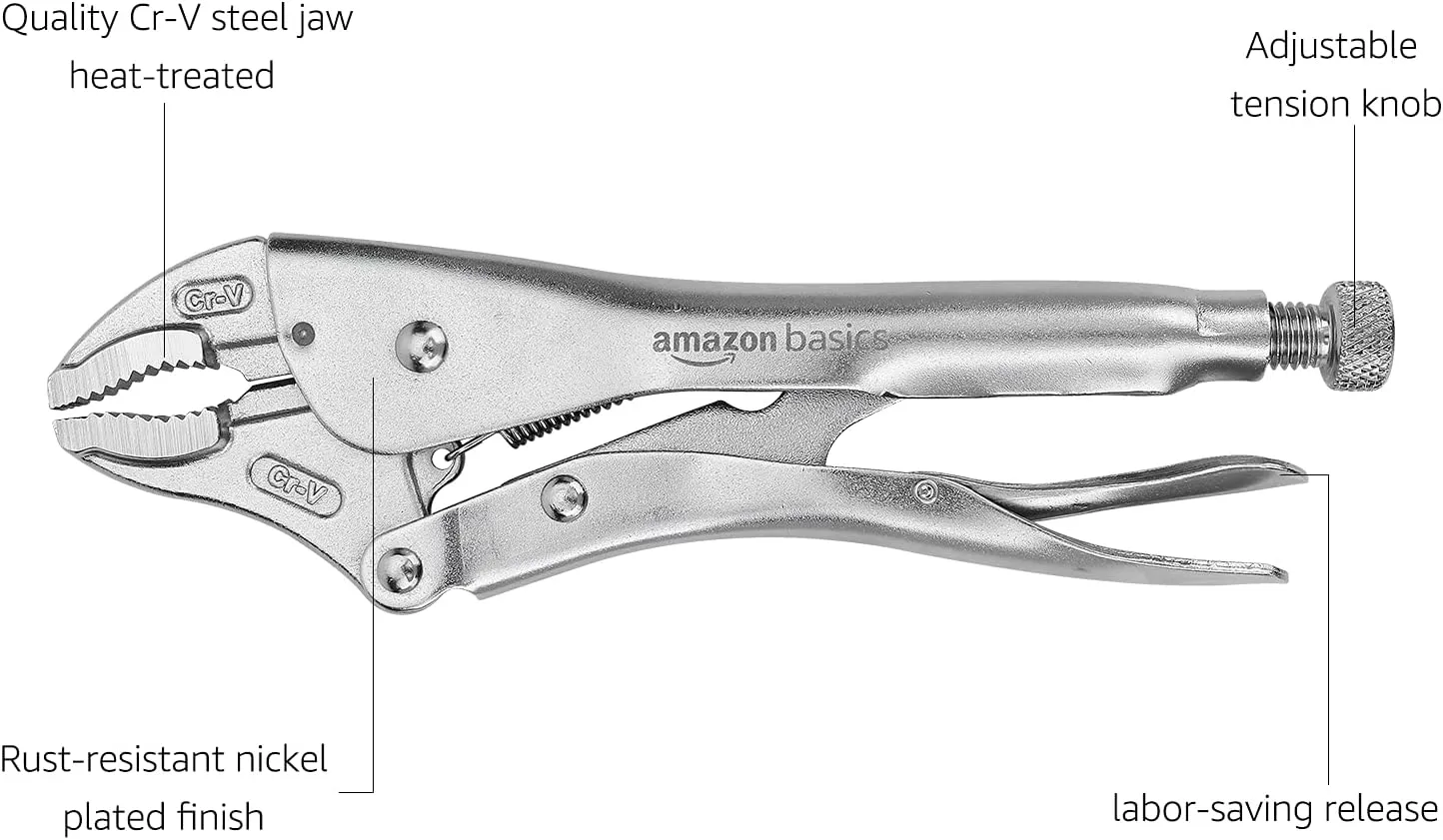Amazon Basics 5-Piece CR-V Locking Pliers and Wire Cutters Set with Carrying Case, 2 Straight, 3 Curved Jaw, 6.5-10 inch, Silver