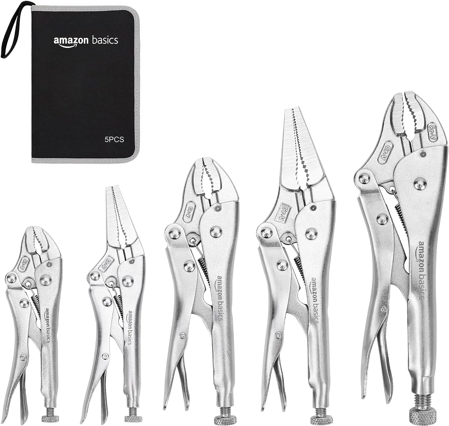 Amazon Basics 5-Piece CR-V Locking Pliers and Wire Cutters Set with Carrying Case, 2 Straight, 3 Curved Jaw, 6.5-10 inch, Silver