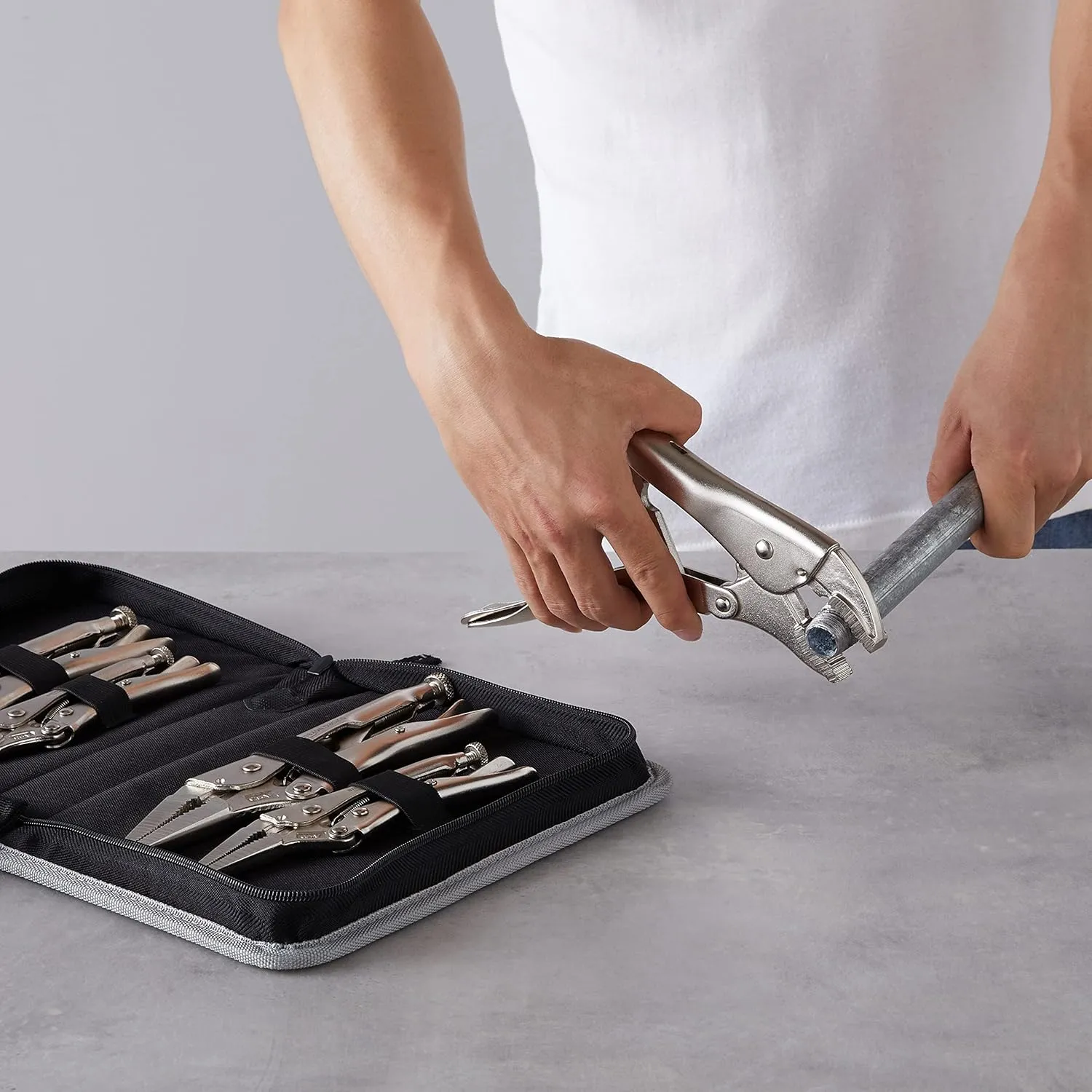 Amazon Basics 5-Piece CR-V Locking Pliers and Wire Cutters Set with Carrying Case, 2 Straight, 3 Curved Jaw, 6.5-10 inch, Silver