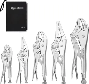 Amazon Basics 5-Piece CR-V Locking Pliers and Wire Cutters Set with Carrying Case, 2 Straight, 3 Curved Jaw, 6.5-10 inch, Silver