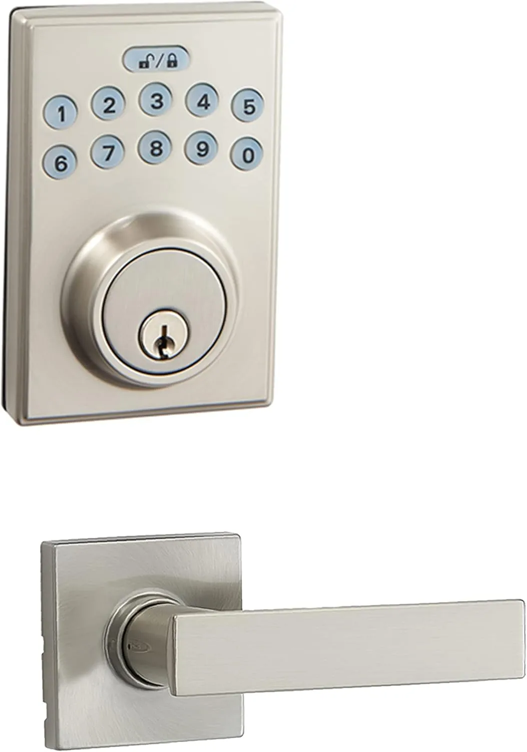 Amazon Basics Contemporary Electronic Keypad, Keyless Entry Door Lock Deadbolt with Handle Set, Key Pad Front Door with Knob, Contemporary Door Locks for Front Door, Door Handle, Satin Nickel, 1-Pack