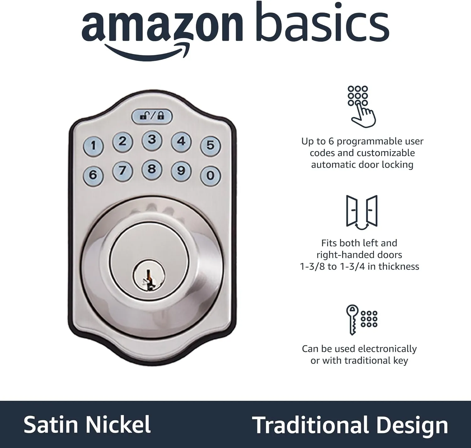 Amazon Basics Traditional Electronic Keyless Keypad Deadbolt Door Lock, keyless Entry Door Lock, Keyed Entry Option, 1-Pack, Satin Nickel