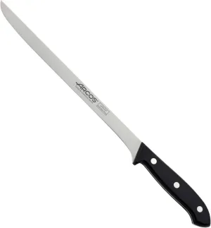 Arcos Slicing Knife/Ham Knife 10 Inch Nitrum Stainless Steel. Ergonomic Polyoxymethylene POM Handle and 250 mm Blade. Very useful utensil especially for slicing ham Series Bolonia. Color Black