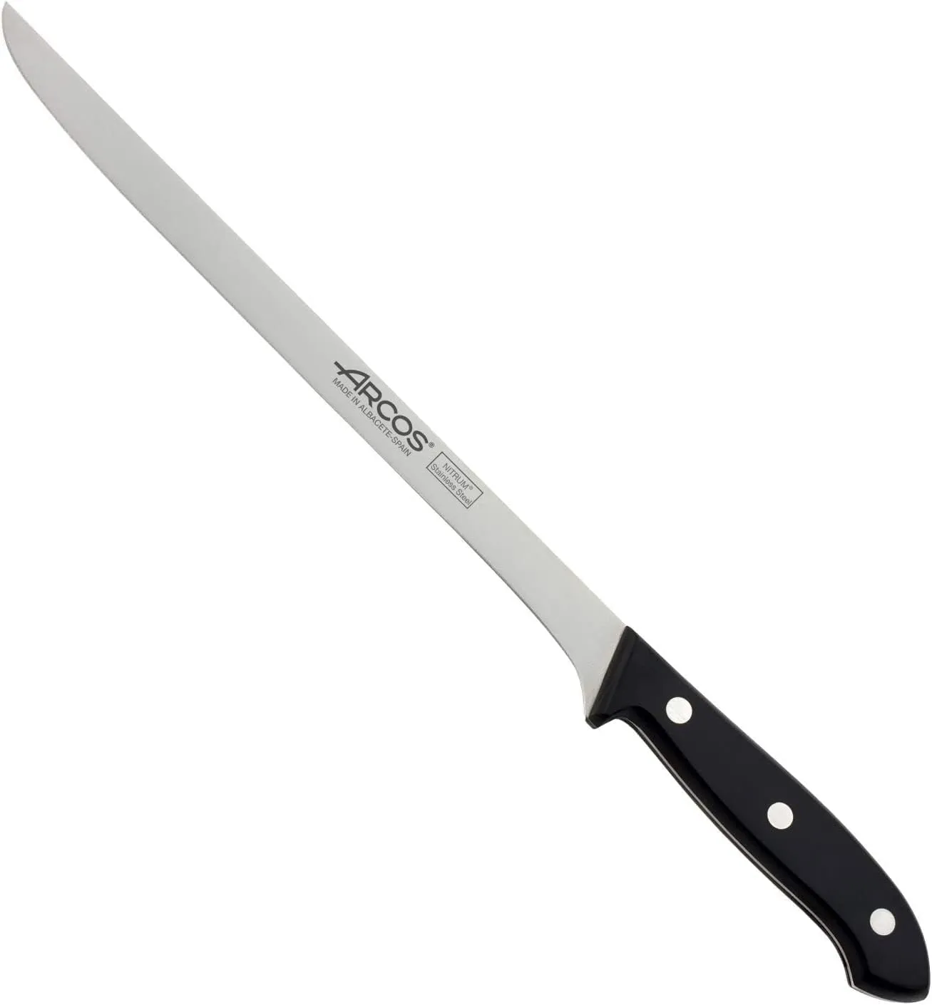 Arcos Slicing Knife/Ham Knife 10 Inch Nitrum Stainless Steel. Ergonomic Polyoxymethylene POM Handle and 250 mm Blade. Very useful utensil especially for slicing ham Series Bolonia. Color Black