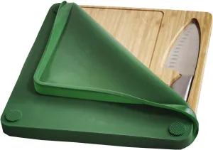 Bamboo Switchback Travel Cutting Board 13"x 12" - Green, Layered Construction with Bamboo Base, Inset Chef's Knife, Silicone Cover, Ideal for Outdoor Activities