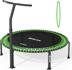 BCAN 500/560 LBS Soft Land Mini Trampoline, 40"/48" Fitness Trampoline, Bungees, T Shape Adjustable Foam Handle, Stable, Quiet Exercise Rebounder for Kids Adults Indoor/Garden Workout