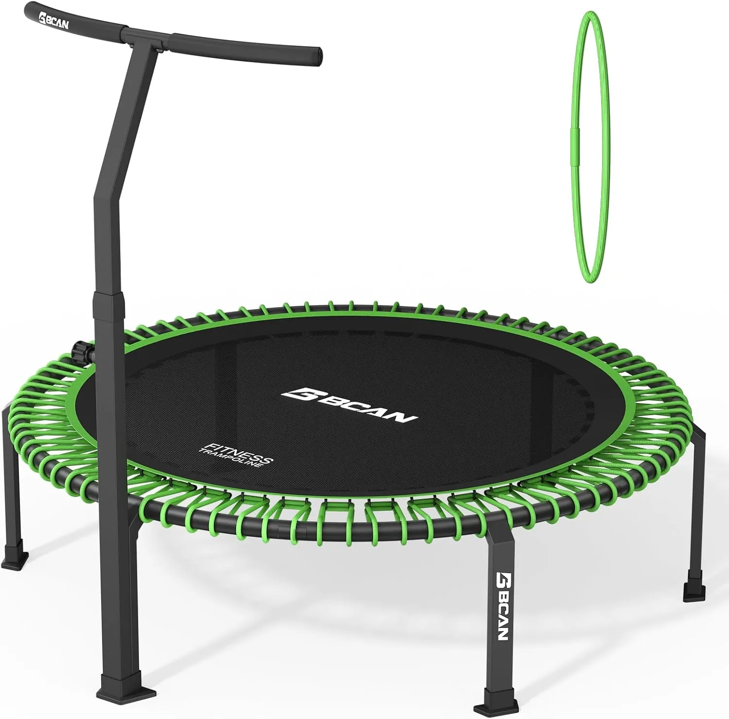BCAN 500/560 LBS Soft Land Mini Trampoline, 40"/48" Fitness Trampoline, Bungees, T Shape Adjustable Foam Handle, Stable, Quiet Exercise Rebounder for Kids Adults Indoor/Garden Workout