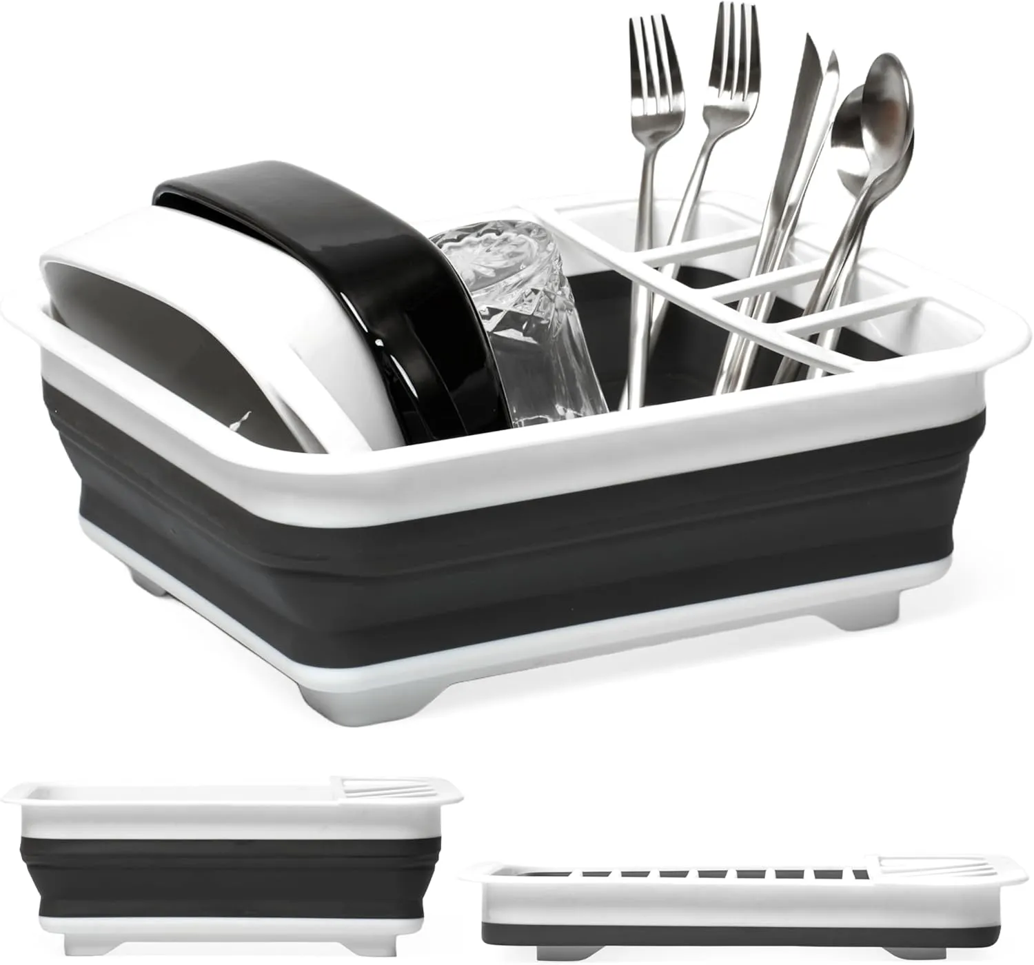BEAST COOLER ACCESSORIES Collapsible Dish Drying Rack - Durable 4-Compartment Utensil Drainer for Kitchen, RV Camping Essentials - Compact Dinnerware Organizer, Sink Dish Storage, Gray - 4.9"x14"x12"
