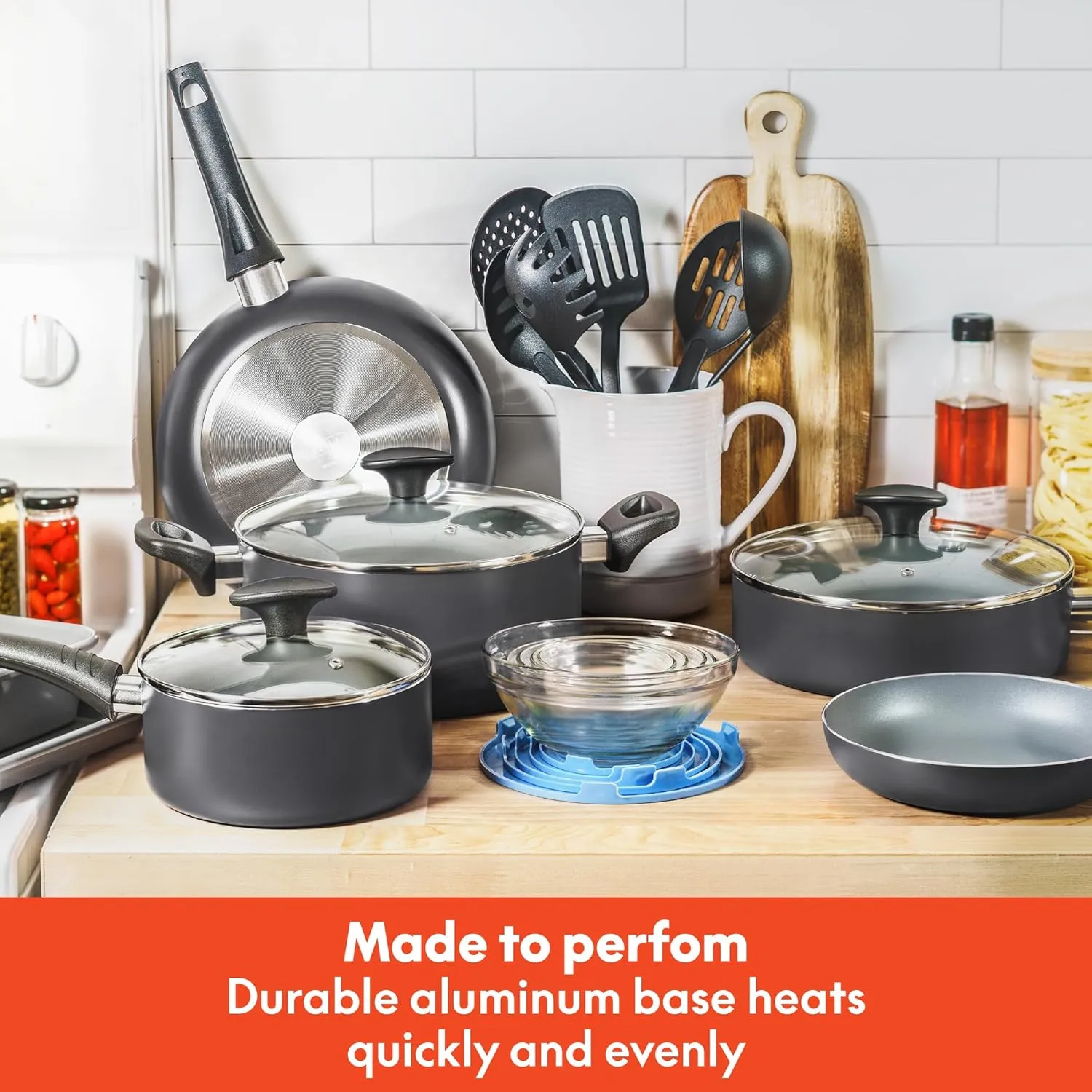 BELLA Nonstick Cookware Set with Glass Lids - Aluminum Bakeware, Pots and Pans, Storage Bowls & Utensils, Compatible with All Stovetops, 21 Piece, Black