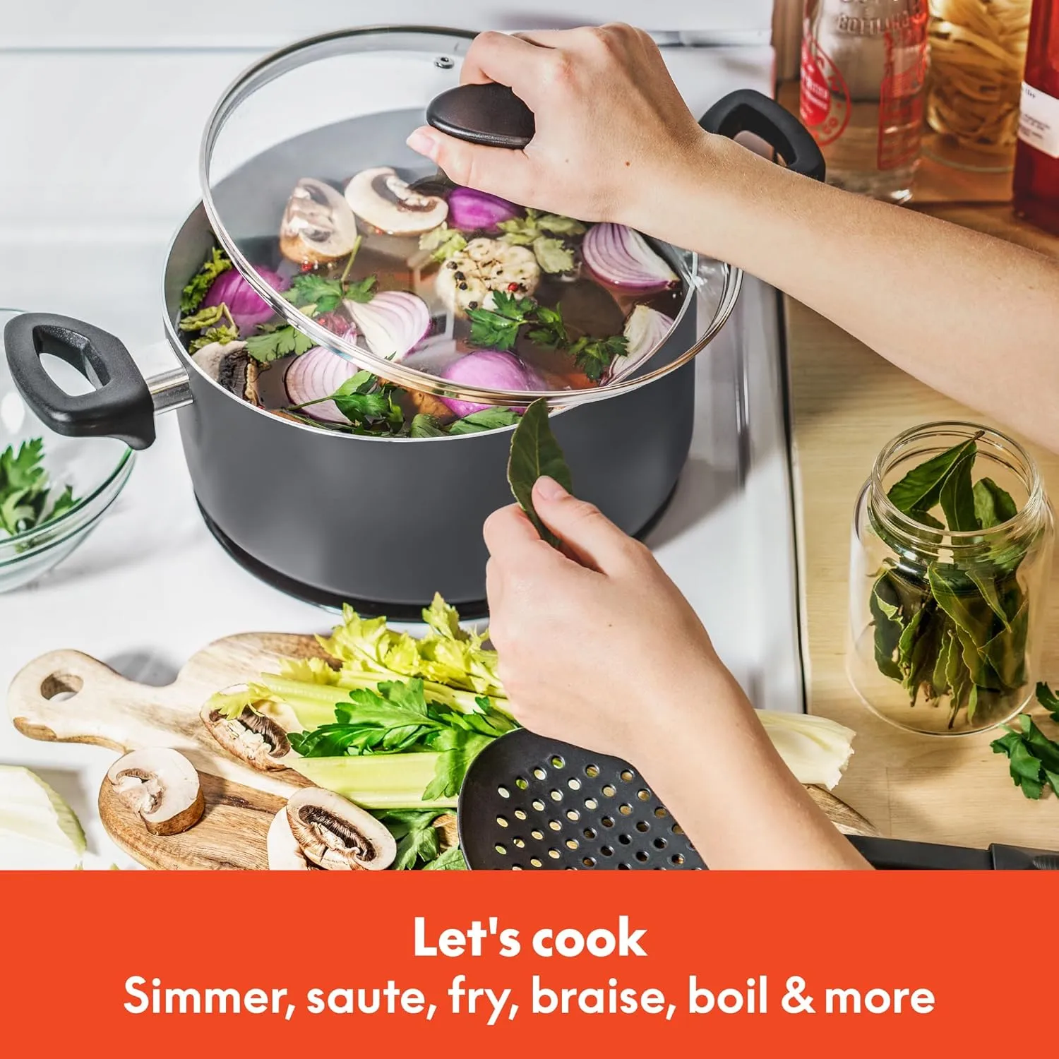 BELLA Nonstick Cookware Set with Glass Lids - Aluminum Bakeware, Pots and Pans, Storage Bowls & Utensils, Compatible with All Stovetops, 21 Piece, Black