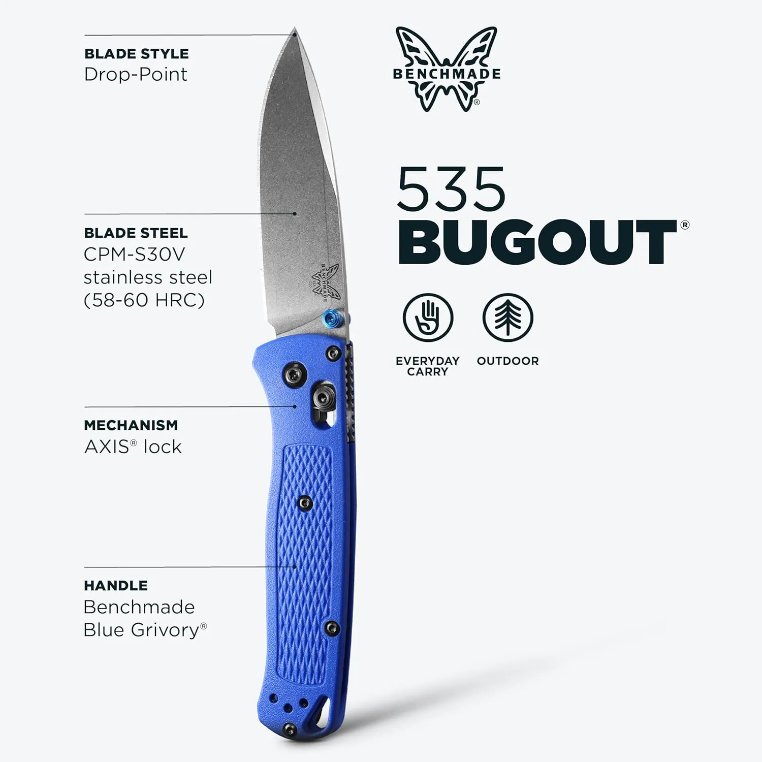 Benchmade - Bugout 535 EDC Knife with Blue Grivory Handle (535)