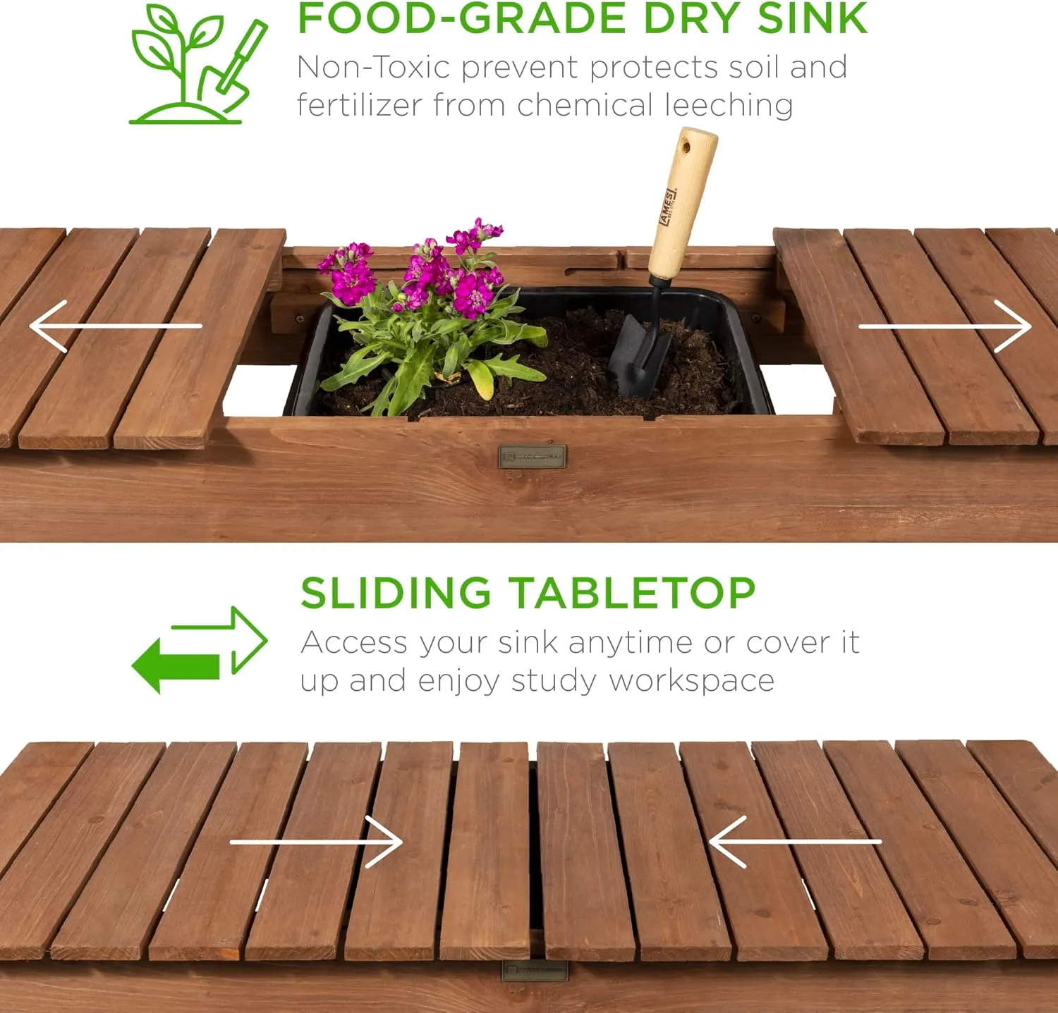 Best Choice Products Mobile Garden Potting Bench, Outdoor Wood Workstation Table w/Sliding Tabletop, 4 Locking Wheels, Food Grade Dry Sink, Storage Shelves - Brown
