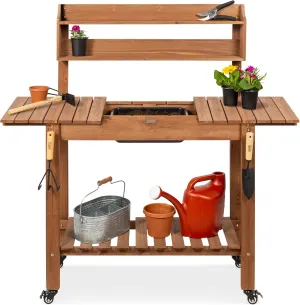 Best Choice Products Mobile Garden Potting Bench, Outdoor Wood Workstation Table w/Sliding Tabletop, 4 Locking Wheels, Food Grade Dry Sink, Storage Shelves - Brown