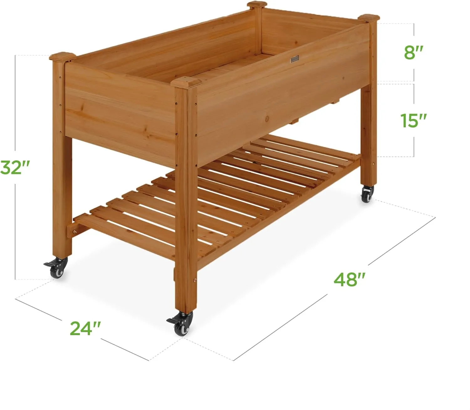Best Choice Products Raised Garden Bed 48x24x32-inch Mobile Elevated Wood Planter w/Lockable Wheels, Storage Shelf, Protective Liner - Acorn Brown