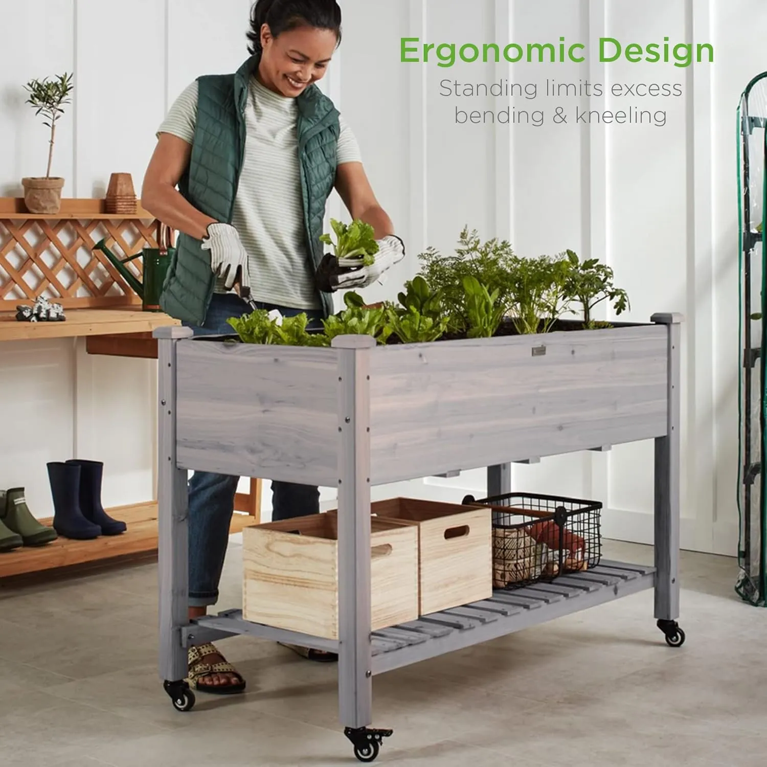 Best Choice Products Raised Garden Bed 48x24x32-inch Mobile Elevated Wood Planter w/Lockable Wheels, Storage Shelf, Protective Liner - Gray