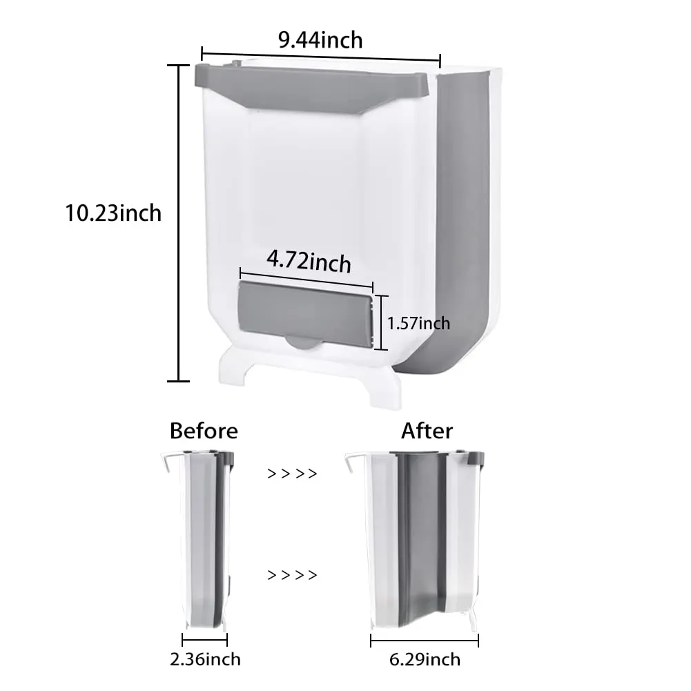 Binny Foldable Waste Bin, Trash Can, 2PC - Set of 2, Four 2.4 Gallon Portable Bins - Collapsible & hanging Personal Refuse Can, for Cabinet, Car, Bedroom, Bathroom, Office (White)