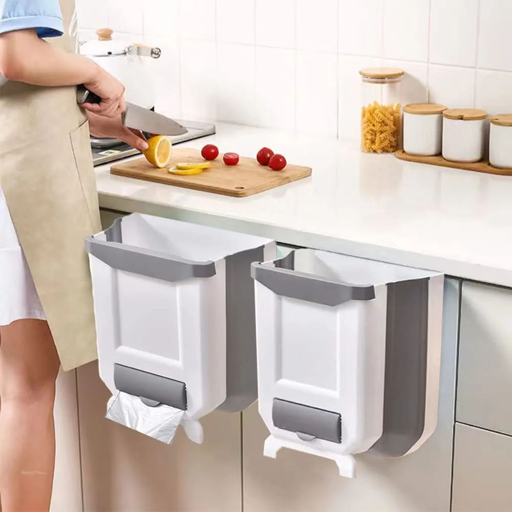 Binny Foldable Waste Bin, Trash Can, 2PC - Set of 2, Four 2.4 Gallon Portable Bins - Collapsible & hanging Personal Refuse Can, for Cabinet, Car, Bedroom, Bathroom, Office (White)